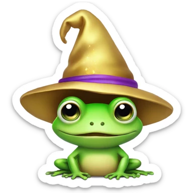 Green cute little frog with purple hat with gold wizard stars on his head sticker