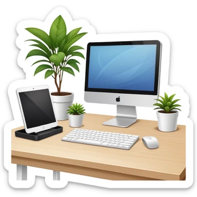 Clean and organized workspace desk with a computer monitor and a small potted plant, minimal clutter, organized office supplies sticker