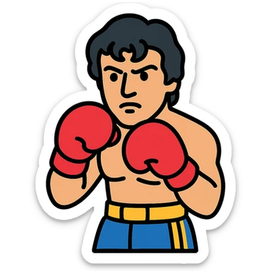 Rocky Balboa inspired by Sylvester Stallone, in boxing stance, red gloves, determined look, stylized illustration sticker