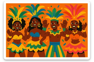 Black samba dancers, beckoning with hands, rhythmic, festive, traditional samba attire, cheerful expression sticker