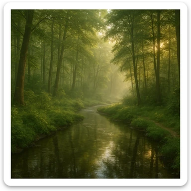 realistic 1920x1080 forest landscape in early morning, dense trees, clear stream winding through foreground, soft golden morning light, lush greenery, detailed water reflections, gentle mist, no wildlife sticker