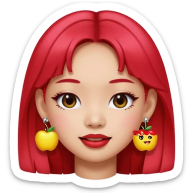 Jennie from Blackpink as an apple style emoji, playful wink, trendy earrings sticker