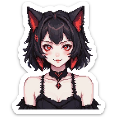neko anime girl emoji, gothic black dress, glowing red eyes, fanged smirk, pale skin, cat ears, dark vibe sticker
