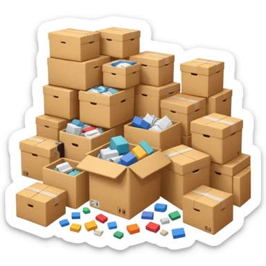 Generate a realistic emoji-style of a overfilled storage room where the packages dont have much space and everything seems chaotic sticker
