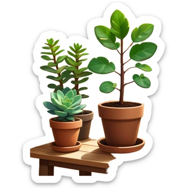 Close-up of a potted sapling in rich soil surrounded by vibrant plants and succulents. Bright sunlight filters through the window, casting soft shadows. Nearby gardening tools rest on a wooden table. Cozy indoor atmosphere with greenery and flowers. sticker