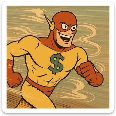 Depict the superhero in a running pose with exaggerated speed lines, blurred background, and dynamic wind effects to emphasize velocity. The dollar sign should remain clear and distinct. sticker