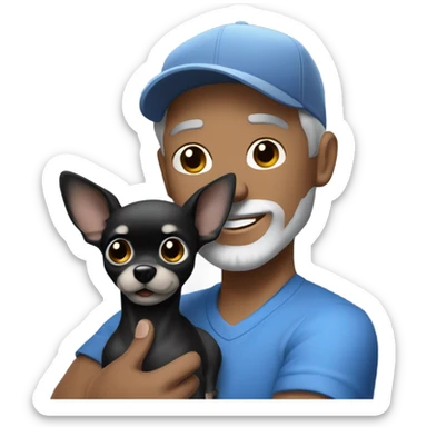 blue eyed man, with grey hair and grey goatee, wearing ball cap, holding long hair black chihuahua sticker