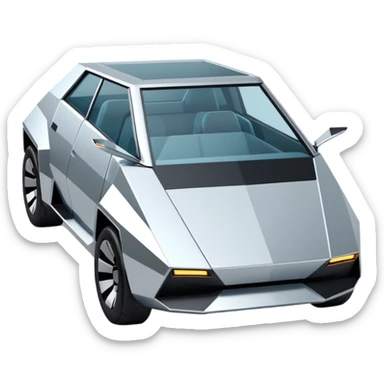 A futuristic chrome car emoji, sharp geometric body design inspired by cybertruck aesthetics, smooth silver metallic surface, matte and glossy chrome mix, minimal details, soft reflections, clean edges, iOS emoji style, centered, clean white background, soft studio lighting, no text sticker