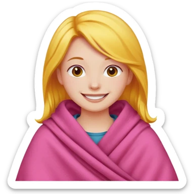 happy smile emoji red cheeks in pink blanket dark yellow hair sticker