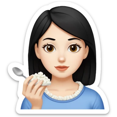 A white girl with black hair eating cottage cheese sticker