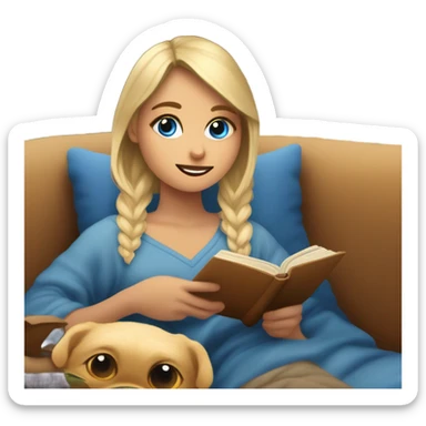 Chica rubia de ojos azules en un sofá tapada con una manta marrón mientras lee un libro sticker