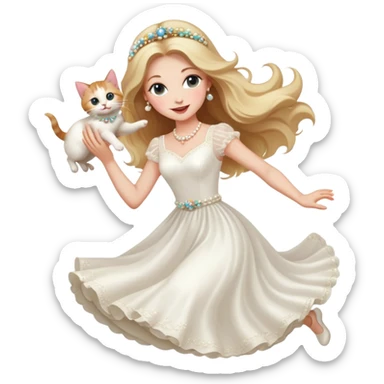 White woman - long hair - white wedding dress - holding a kitten - happy - jumping - fashionable - elegant - bouquet - dreamy - colorful - pearl accessories sticker