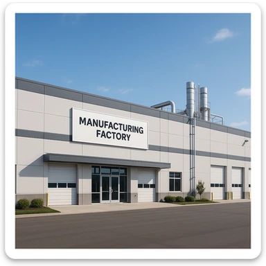 exterior view of a modern manufacturing factory, large building, industrial architecture, clear sky, clean and organized, suitable for branding sticker