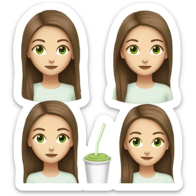 White girl with open brown hair and green eyes drinking matcha  sticker