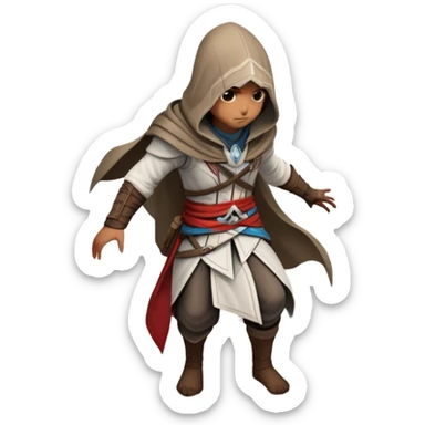An icon representing an adventure game, inspired by Assassin's Creed. The design features a heroic character in hooded attire, scaling a tall building in a historical cityscape. The background shows ancient architecture and hidden symbols, symbolizing exploration and stealth. Transparent background sticker