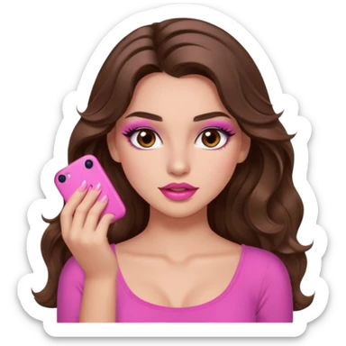 girl with long wavy brown hair, brown eyes, long lashes makeup, sexy pink lips, light to medium complexion, pink sexy top,slapping sticker