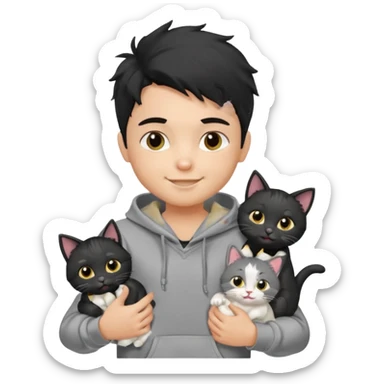 generate a pretty fair bratz boy with black messy hair holding 3 cats.  Wearing a grey hoodie sticker