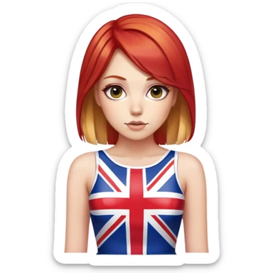 Geri Halliwell with red hair and blonde highlights wearing a short bodycon Union Jack flag dress sticker