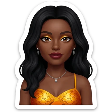 Rozonda Chilli Thomas from TLC with dark brown eyes, long black hair, gold eyeshadow, dark red lipstick, yellow-orange metallic mermaid crop top, silver necklace and earrings sticker