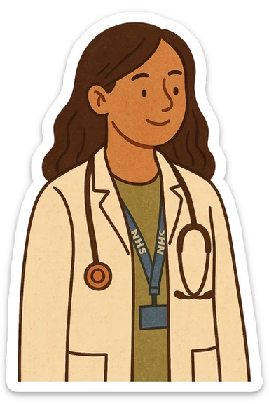 A modern day female doctor wearing an NHS lanyard and stethoscope sticker