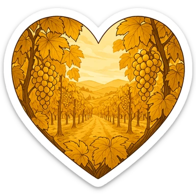 heart with a golden autumn vineyard, clean digital illustration, no background sticker