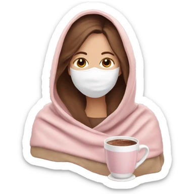 white woman with brown hair with face mask inside a baby pink to beige blanket sipping hot chocolate  sticker