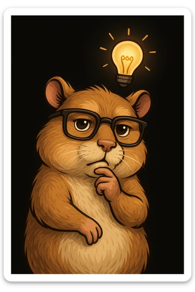 detailed cartoon hamster in a thoughtful pose, stylish glasses, glowing idea bulb, mature and modern look, solid black background sticker
