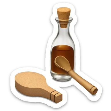 bottle of vinegar with the cork and a nozzle; spoon is laying neat the bottle sticker