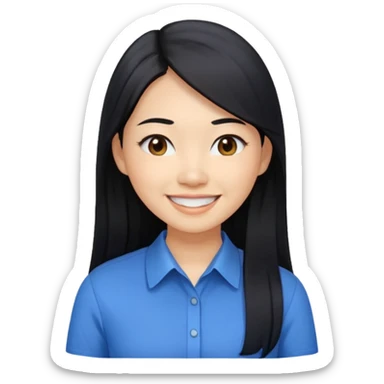 30 yr asian woman light skin long straight black hair big smile blue collared shirt sticker