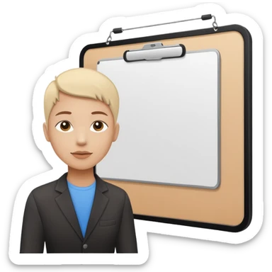 Minimalistic flat vector icon, iOS style, thin black contour on white background. Person silhouette with a project board (kanban/task board) behind. No text, no shadows.
 sticker