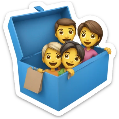 3 people in a blue cardboard box with temperature display sticker