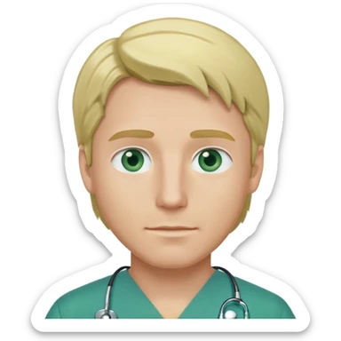 a male doctor with green scrubs, blonde hair middle part, blue eyes sticker