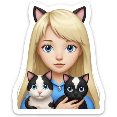 One  cat black and white stain like a cow in the arms of long blond hair girl with bangs and blue eyes sticker
