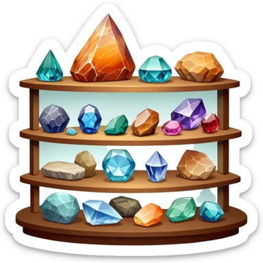 Icon for Mineral, Stone & Fossil Collecting: a display of various colorful minerals, gemstones, and fossils, arranged neatly on a table or shelf. The icon should reflect the beauty and scientific interest of collecting natural specimens. Transparent background. sticker