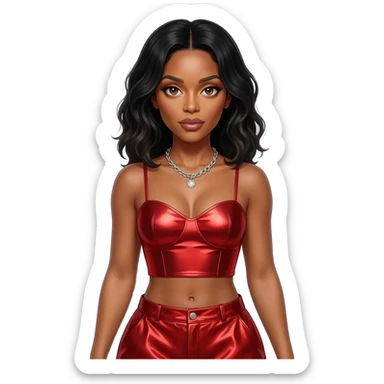 Kelly Rowland with brown eyes,  jet black hair, red metallic sweetheart crop top, red metallic baggy pants, silver necklace sticker