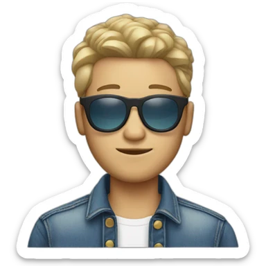 white guy with a jean jacket with round sunglasses and curtains haircut sticker