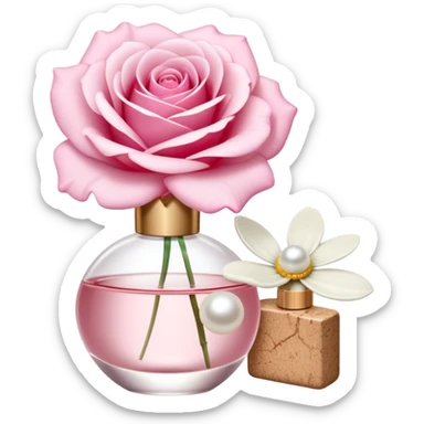 a beautiful aesthetic single rose in white and pink with an ivory bow and a pearl white perfume bottle with a white daisy on the cork sticker