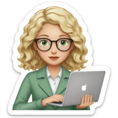 blonde woman, age 25-30, green eyes, wavy hair, holding a laptop, product designer vibe sticker