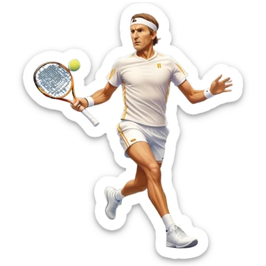 Cinematic Realistic portrait of Goran Ivanišević, depicted as an iconic tennis player in dynamic motion with detailed athletic gear and intense focus, illuminated by bold stadium lighting that accentuates his competitive spirit. sticker