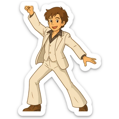 ghibli style disco dancing man, white outfit, brown hair sticker
