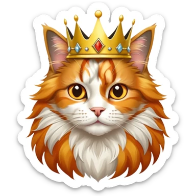 calico maine coon cat with orange, black and white patches wearing a golden crown sticker