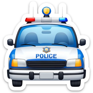 A blue and white police car with a friendly smiling face on the front sticker