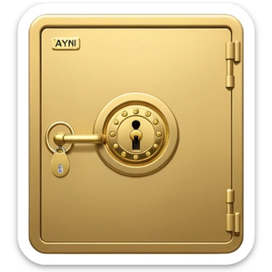 A secure vault door with the AYNI Gold logo at its center lock, glowing subtly. Flat design, metallic gold tones, black background, small “AYNI Gold” tag on the lower edge sticker