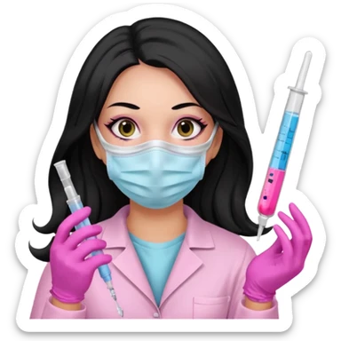 laboratorista con guantes rosa y mascarilla rosa  jeringa tubo laboratorio sin lentes  y  ojos negro cabello largo negro sticker