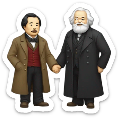 Li Hongzhi and Karl Marx, two human mentors, arm in arm，team up，rub shoulders, hooking up sticker