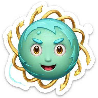 Uranus emoji with a playful, chaotic face, blue-green planet, swirling rings, lightning effects, representing electric, unexpected change, Apple-style emoji sticker
