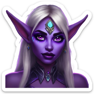 Synthwave night elf in world of warcraft style, oil paint, black eyes, intricate lips, masterpiece portrait, beautiful, desirable, logical sticker