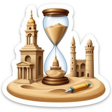 icon featuring ancient scrolls, quill pen with famous historical landmarks and monuments in the background like colliseum. Large, antique sand clocks with sand pouring out represent the passage of time. Historical figures are depicted as statues. Transparent background. sticker