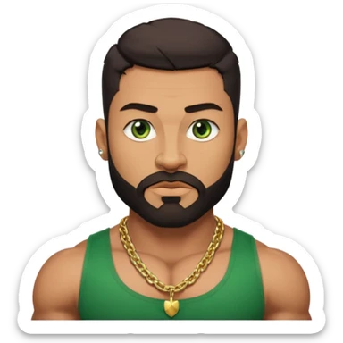 green eyes, dark short hair, muscular shoulders, wide cross, gold chain, big lips big nose big eyes, masculine good looking, dark beard, muscular strong looking sticker