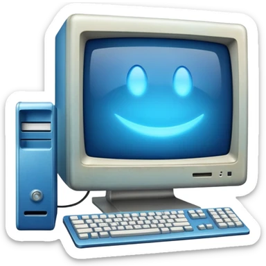 old mac computer with a blue glowy screen, sticker